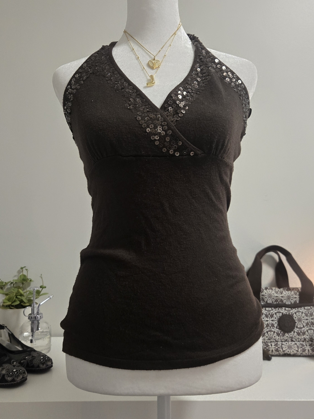Older Urban Behavior Brown Sequin Halter Camisole